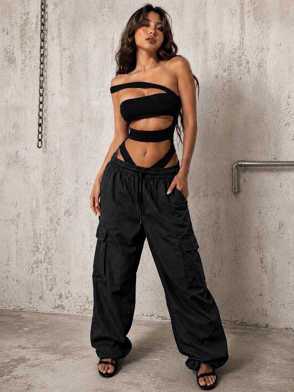 One-Shoulder Black Bodysuit with Cut Outs